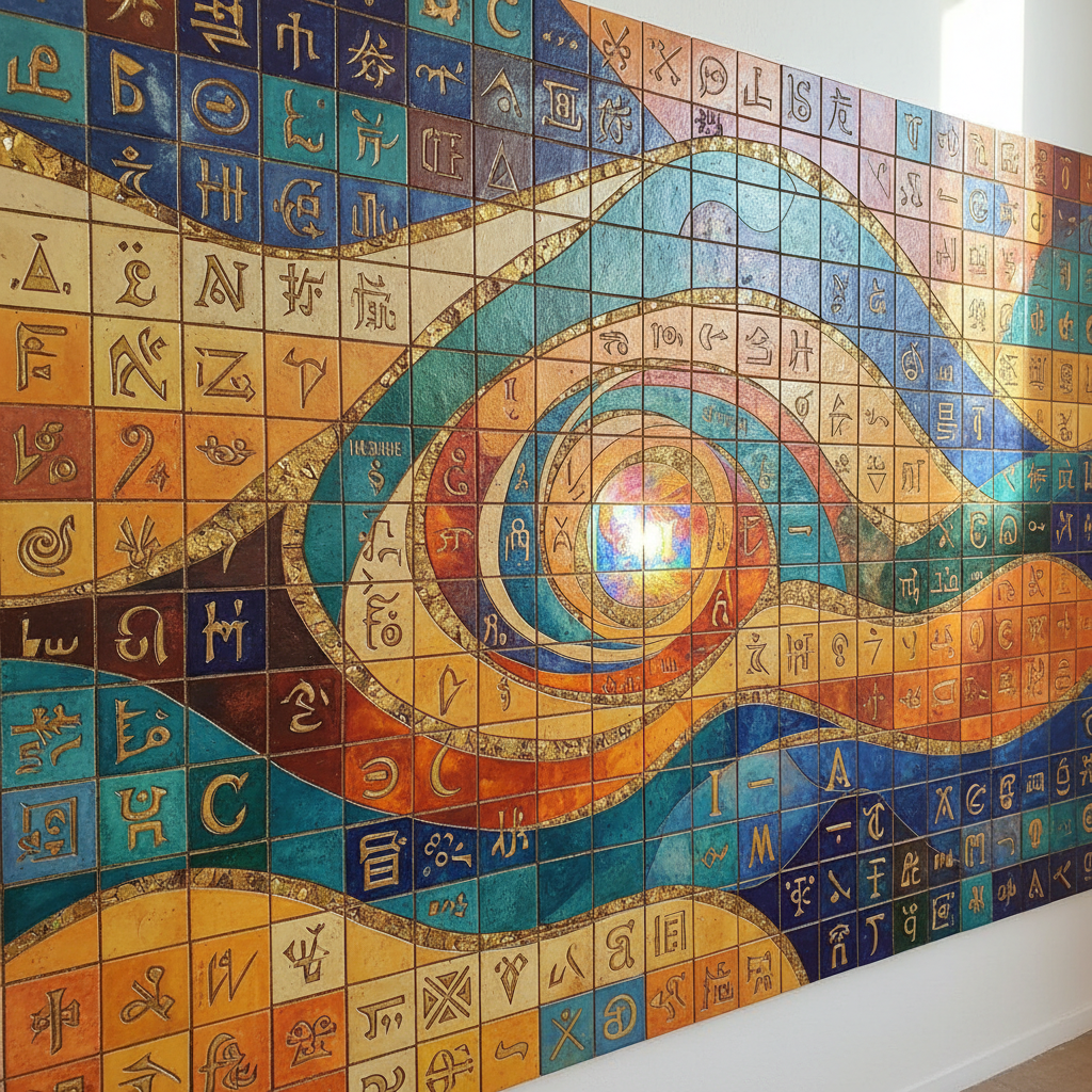 Colorful mosaic wall art featuring a swirling pattern of square tiles embossed with mystical symbols.