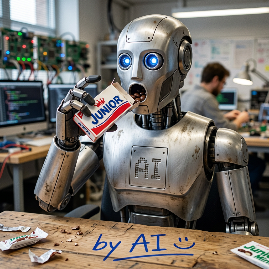 Humanoid robot eating JUNIOR chocolate beside a table marked “by AI” and “AI”